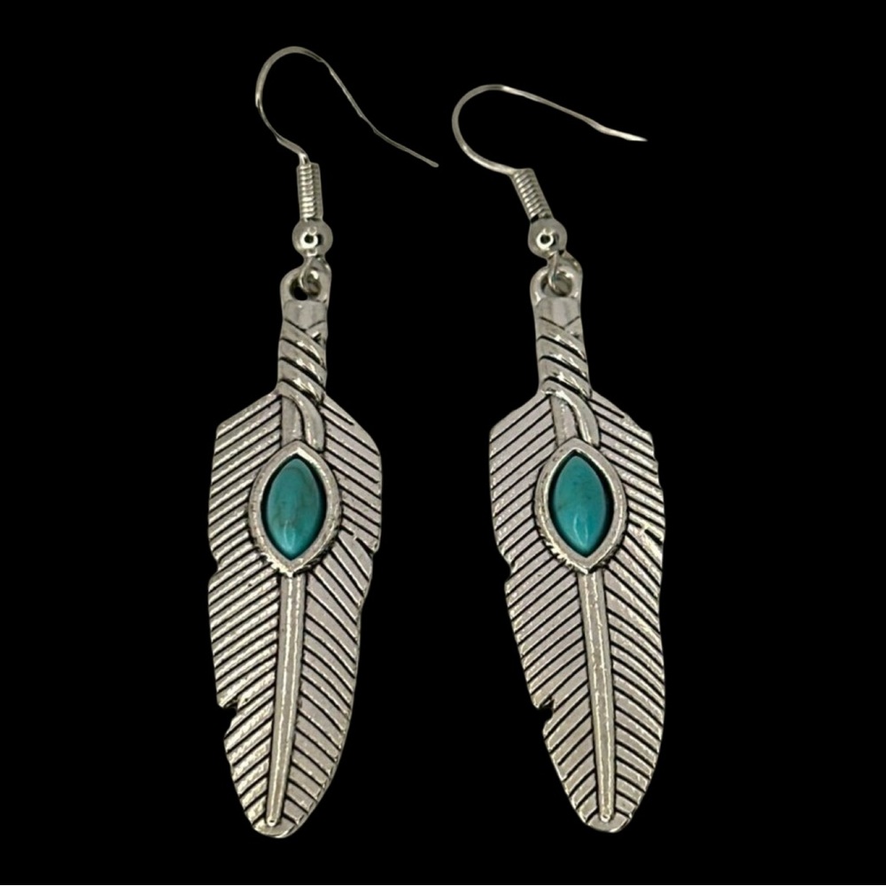 Feather Design Dangle Earrings With Turquoise Stone Inlay Silver Tone Hook